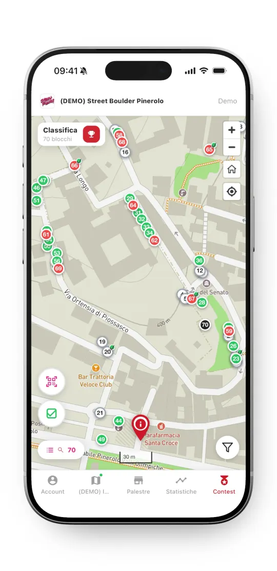 Mappa interattiva dei blocchi nell'app ClimbPush