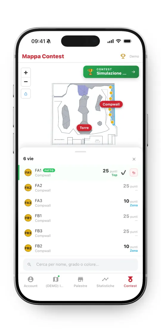 Profilo atleta con storico salite nell'app ClimbPush